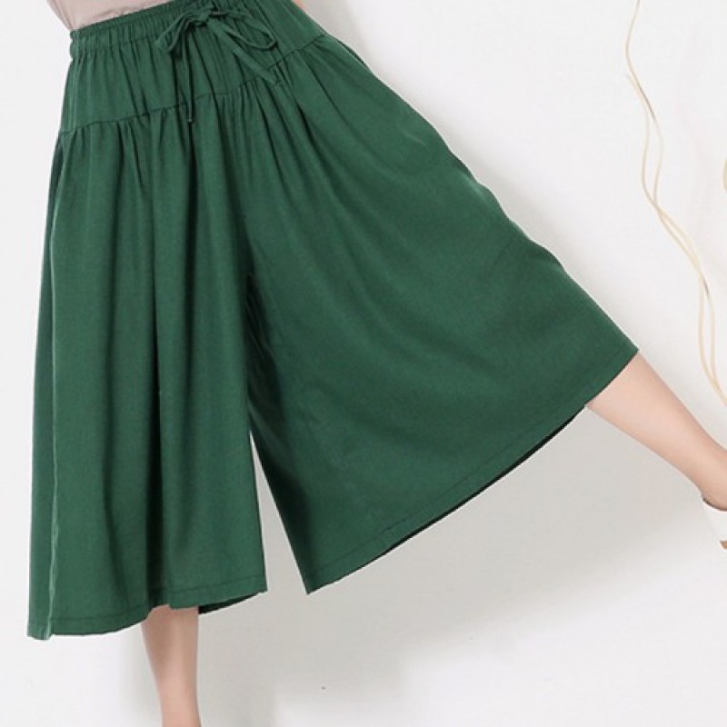 Wide Leg Pure Color Cotton Linen Elastic Waist Pants