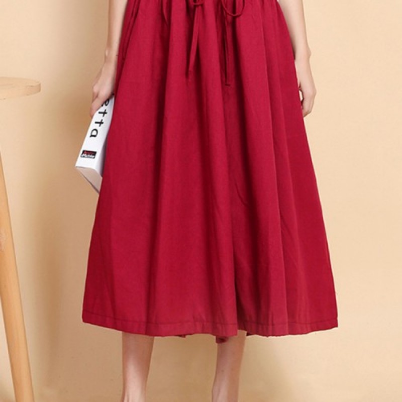 Wide Leg Solid Color Cotton Linen Elastic Waist Pants