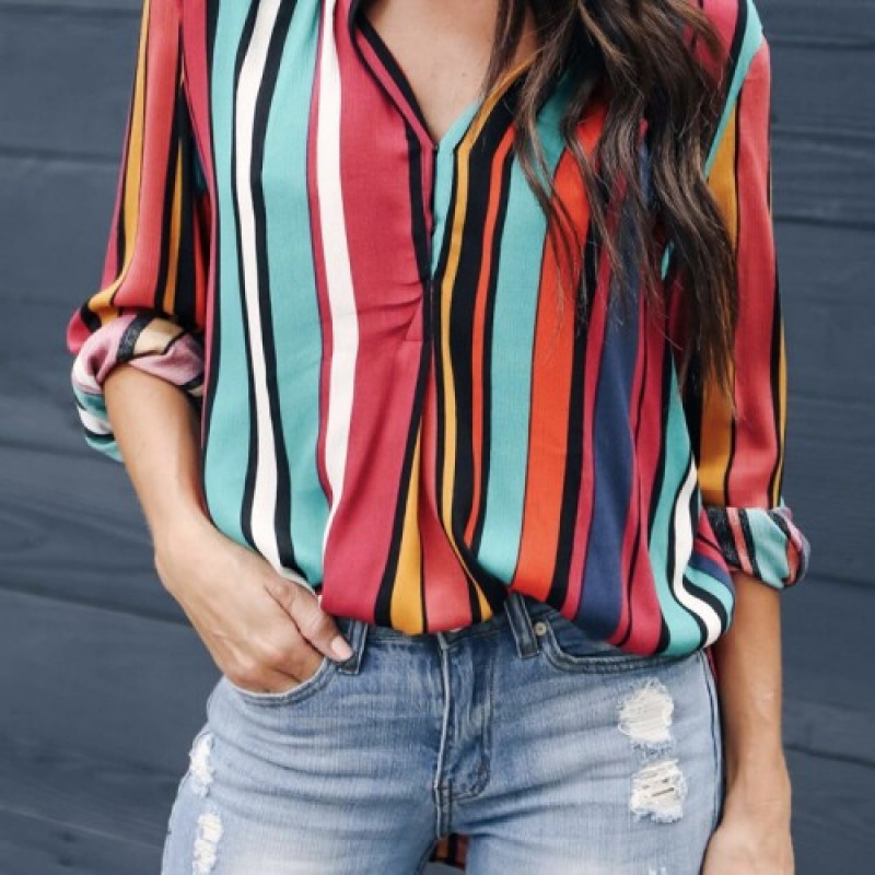 Long Sleeve V Neck Rainbow Striped Blouse