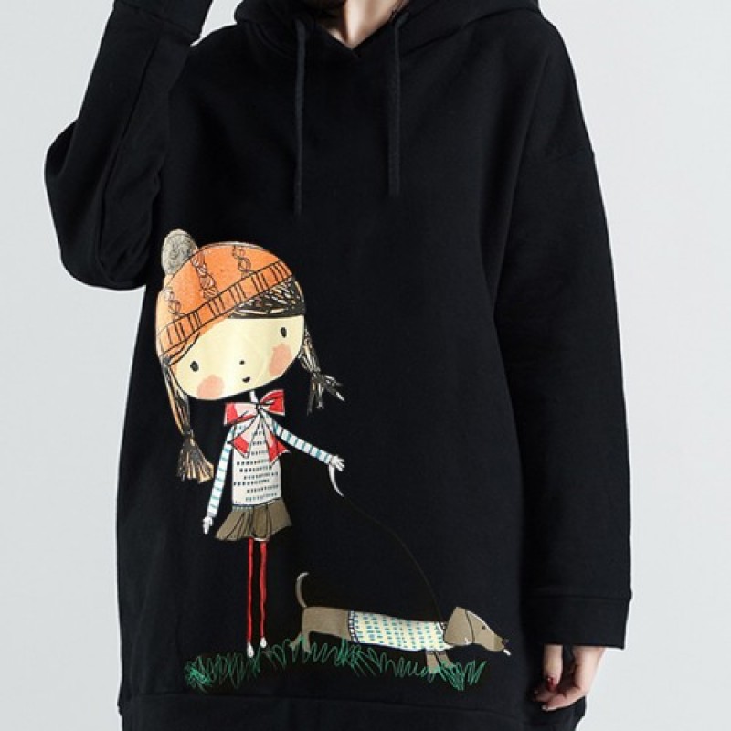 Plus Size Cartoon Print Long Sleeve Hooded Sweatshirt for Women